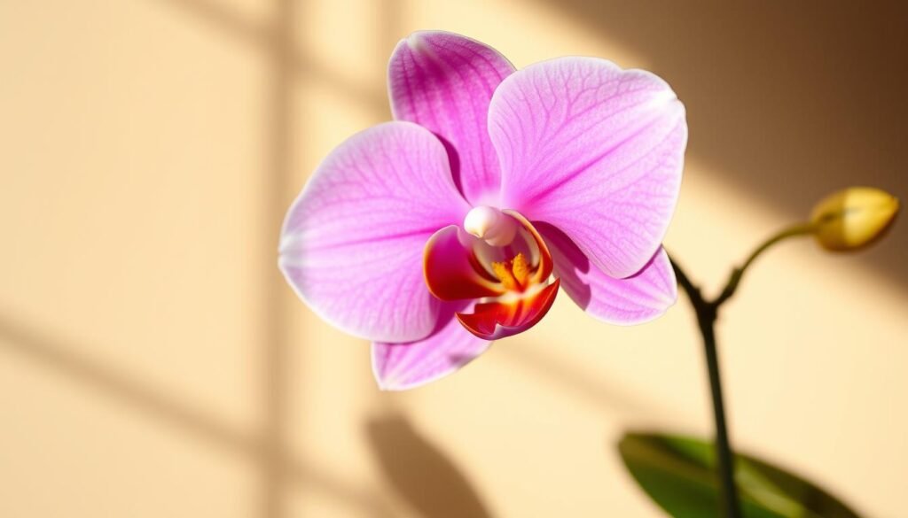 A lush, vibrant Phalaenopsis orchid in full bloom, its graceful petals delicately unfurled against a soft, neutral background. The lighting is warm and natural, casting gentle shadows that accentuate the intricate textures and stunning colors of the flower. The composition places the orchid prominently in the frame, allowing its beauty to take center stage. The overall mood is serene and elegant, capturing the essence of the essential care required for this captivating plant.