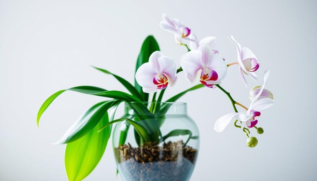A transparent glass vase filled with lush green foliage and delicate orchid blossoms, their soft petals unfurling in shades of pink and white. Soft, diffused lighting bathes the scene, highlighting the graceful curves of the plant and the clarity of the container. The orchid's elegant leaves and stems flow organically, creating a serene, natural composition. The vase's transparency allows the roots and soil to be partially visible, adding a sense of depth and intimacy to the image. An airy, calming atmosphere permeates the scene, inviting the viewer to appreciate the beauty and tranquility of cultivating these exquisite flowers indoors.