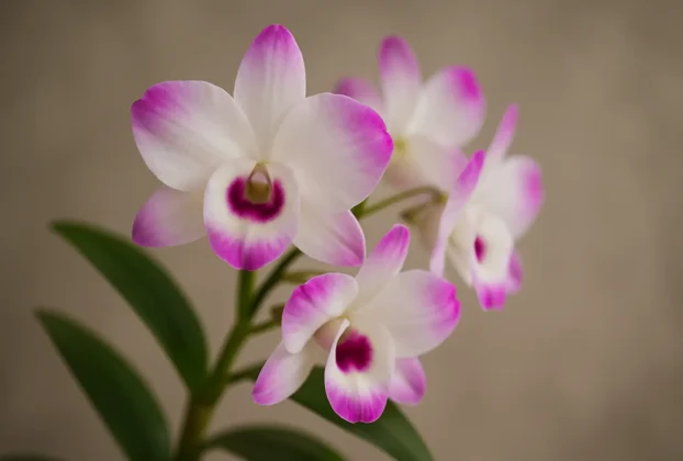 Orquídea Dendrobium em flor com fundo neutro
