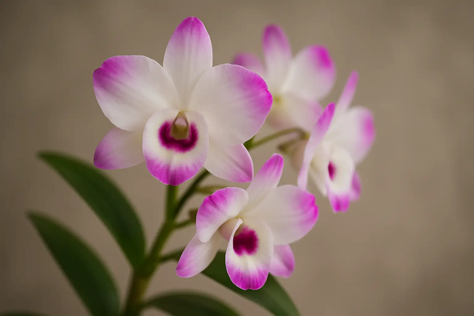 Orquídea Dendrobium em flor com fundo neutro